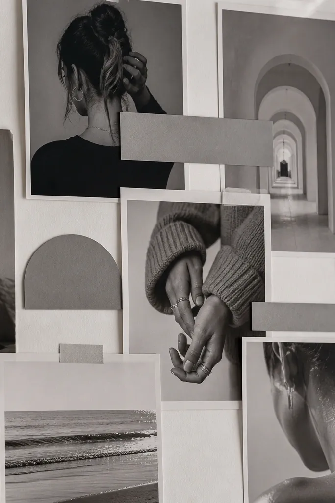 Monochrome photos with light grey text blocks arranged neatly