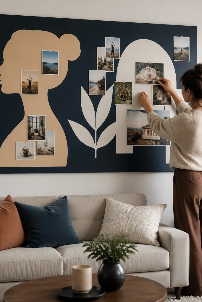 A vision board with bold color blocks and oversized silhouette shapes