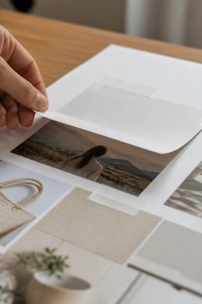 A vision board with tape hinges so images flip open like tabs