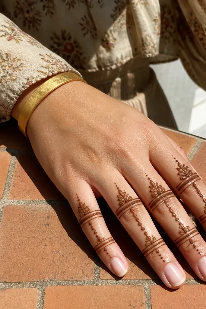 Five thin rings around fingers with a small dot ladder between them