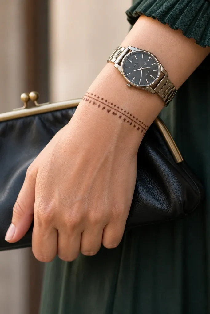 A thin wrist band with repeating comma-shaped beads and tiny dots