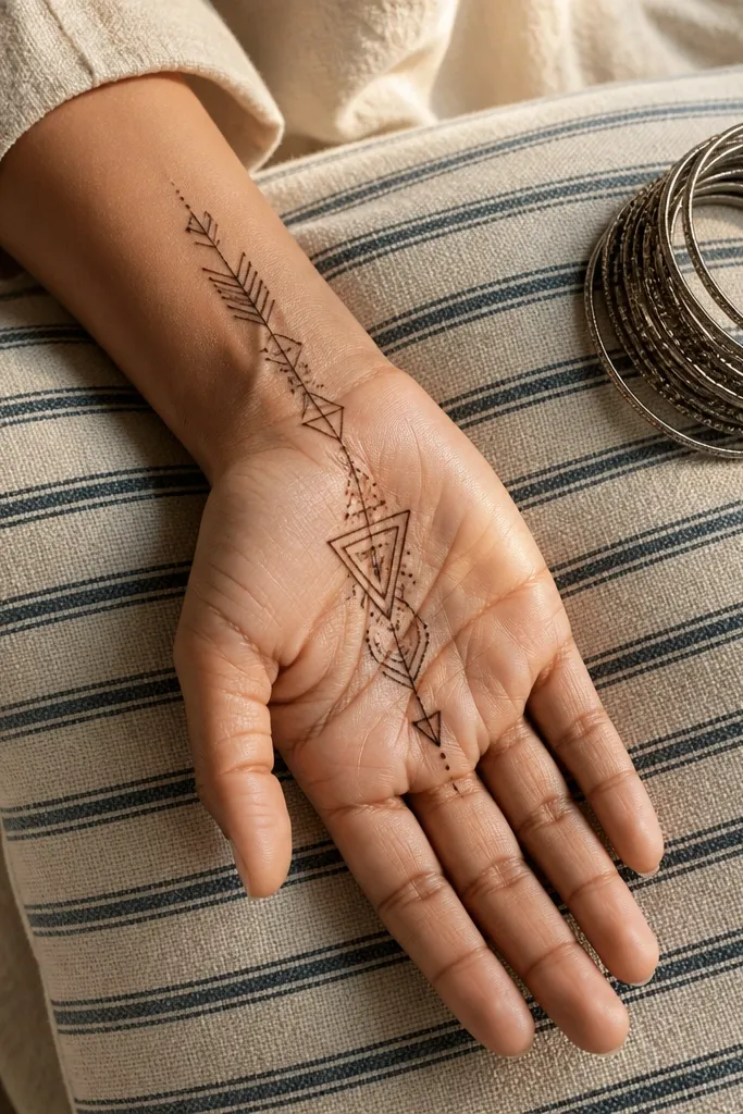 A thin geometric arrow pointing from wrist to center of hand