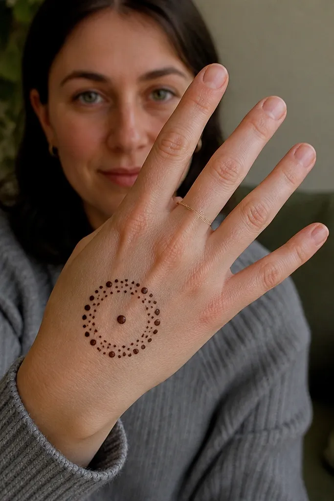 A center dot with a ring of dots around it on the back of the hand