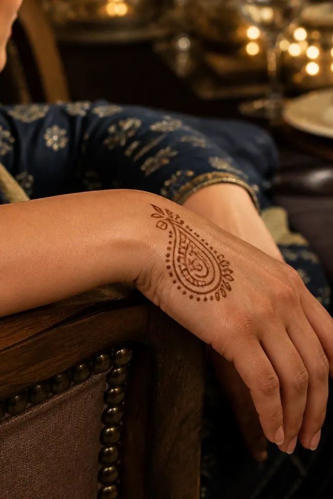 A half paisley motif on the back of the hand with thin outline