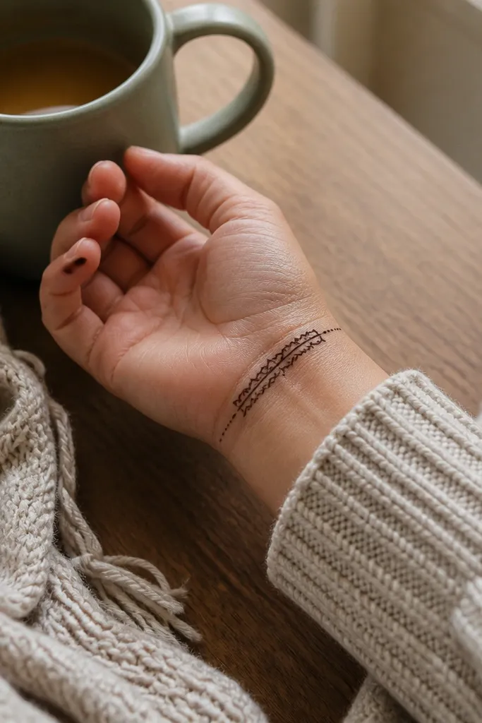 A thin wrist band with two short decorative dashes on each side