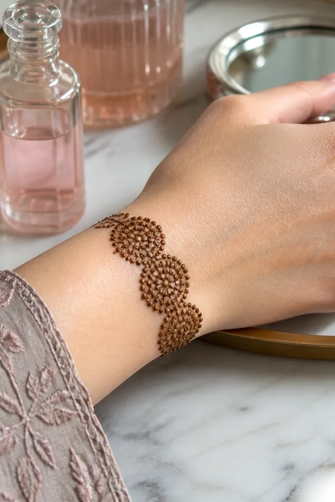 A bracelet-like wrist pattern with three repeating bead clusters