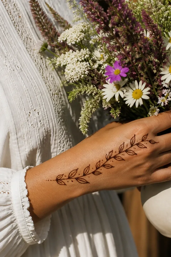 An asymmetrical leaf sprig with small fill dots on the back of the hand