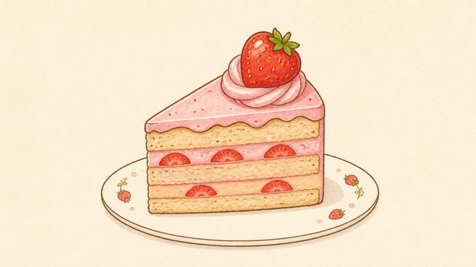 A side view slice of layered strawberry cake with pink frosting