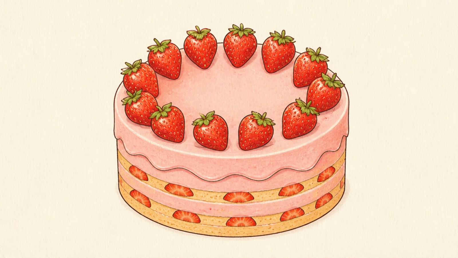 A whole round strawberry cake frosted and ringed with berries