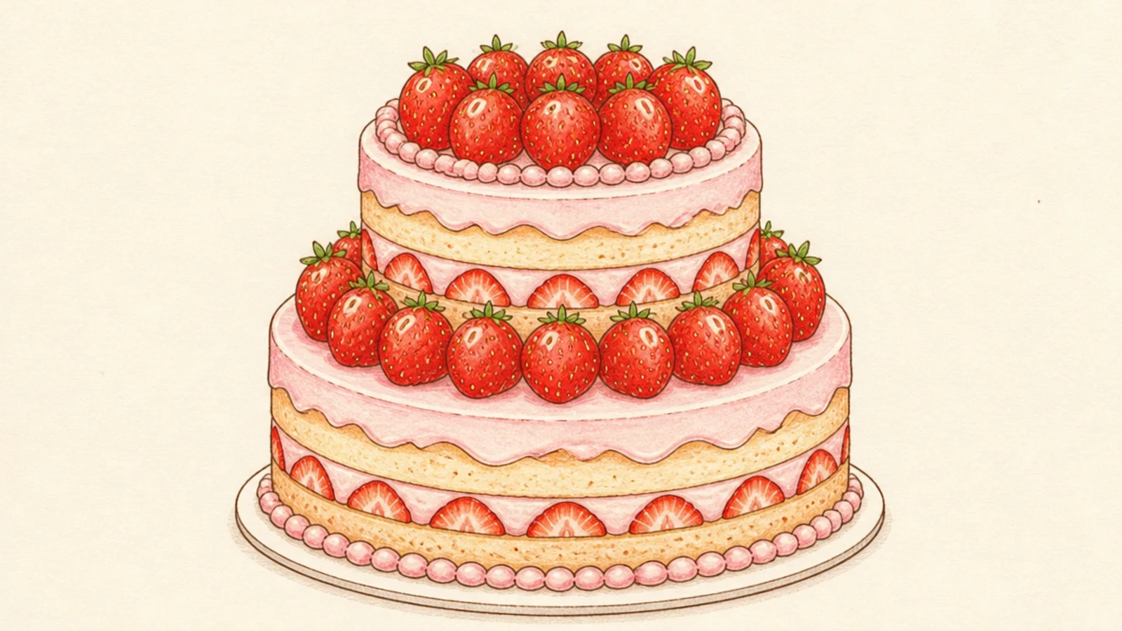 A two-tier strawberry cake with berries between the tiers