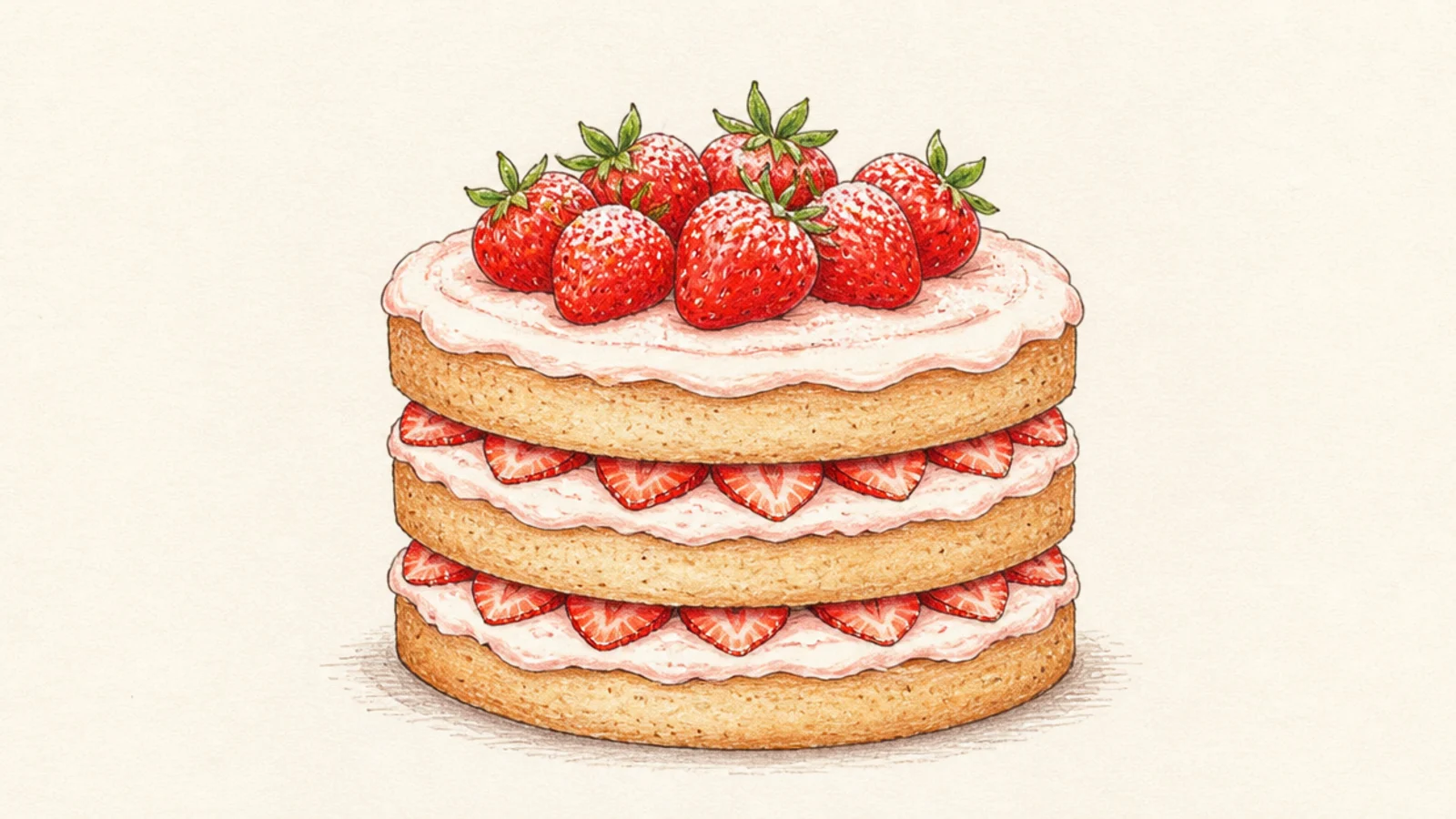 A rustic naked strawberry cake showing bare sponge and cream layers