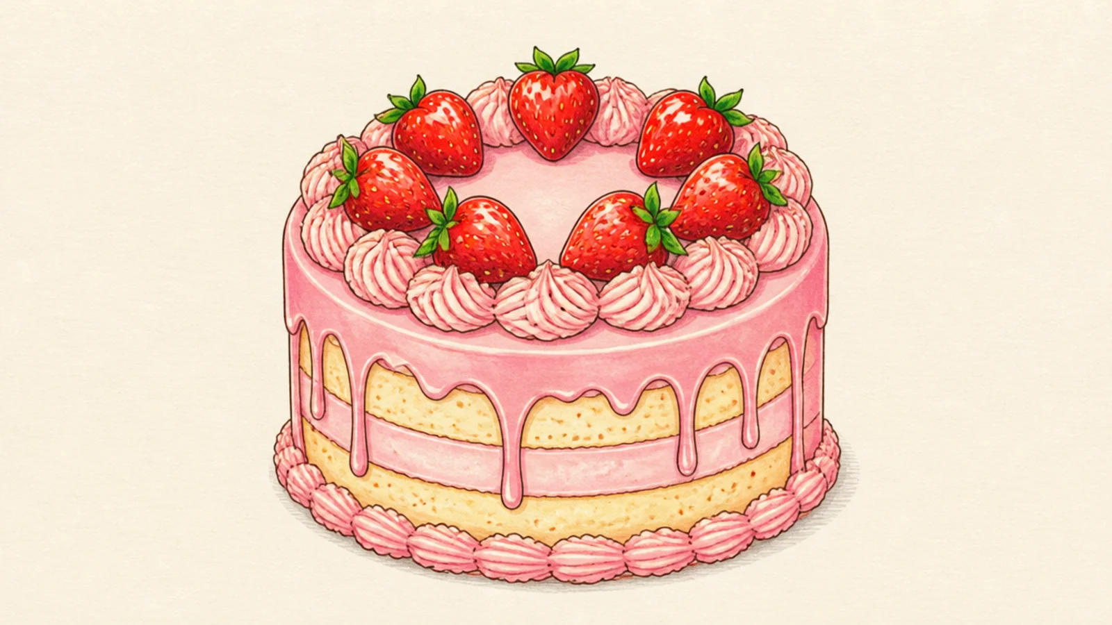 A frosted cake with pink glaze drips down the sides and berries on top