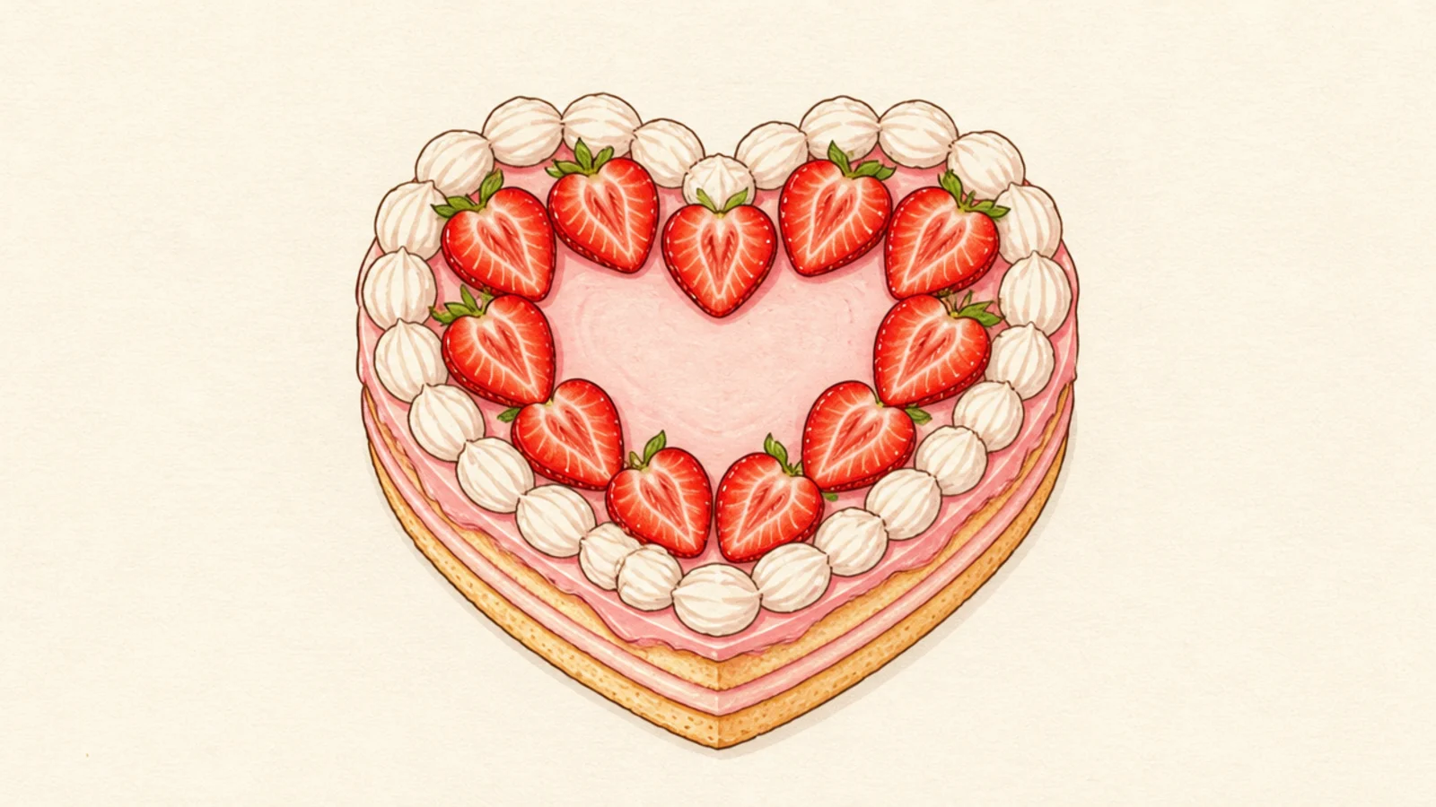 A heart-shaped strawberry cake seen from above with a berry border