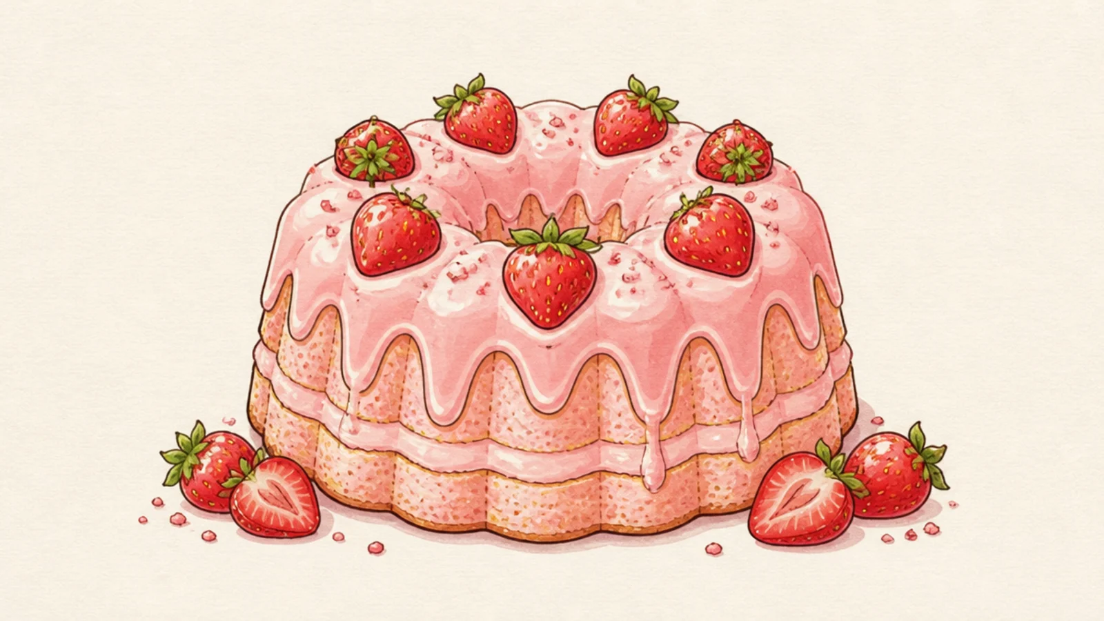 A ring-shaped bundt cake with glaze drizzle and berries