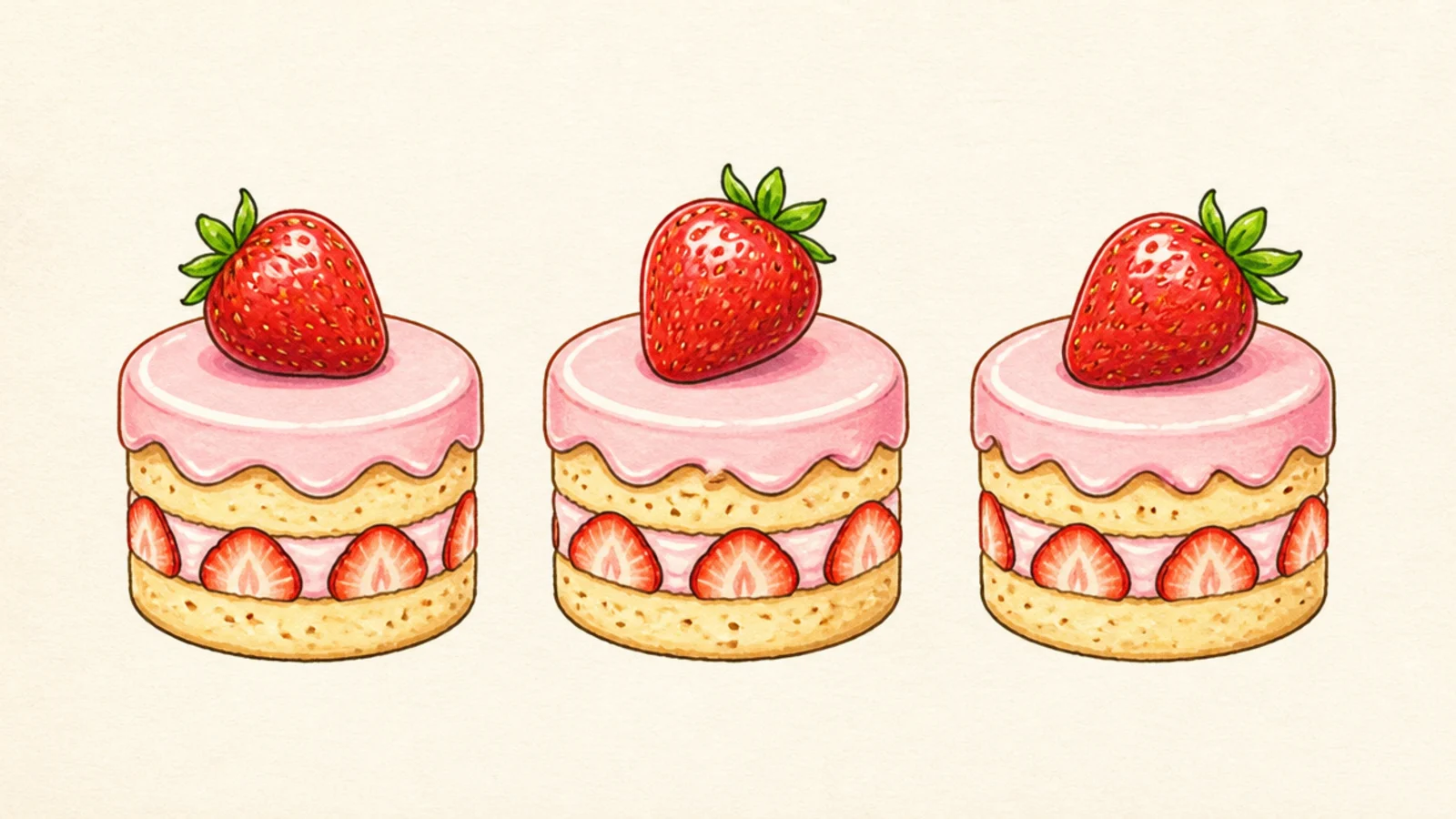 Three small strawberry cakes in a row each with a berry