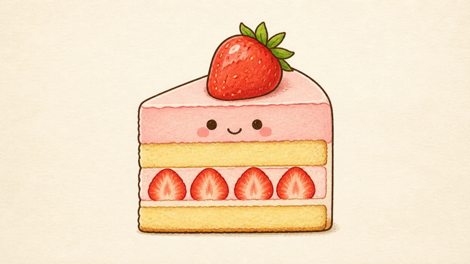 A cute strawberry cake slice with dot eyes and a smile