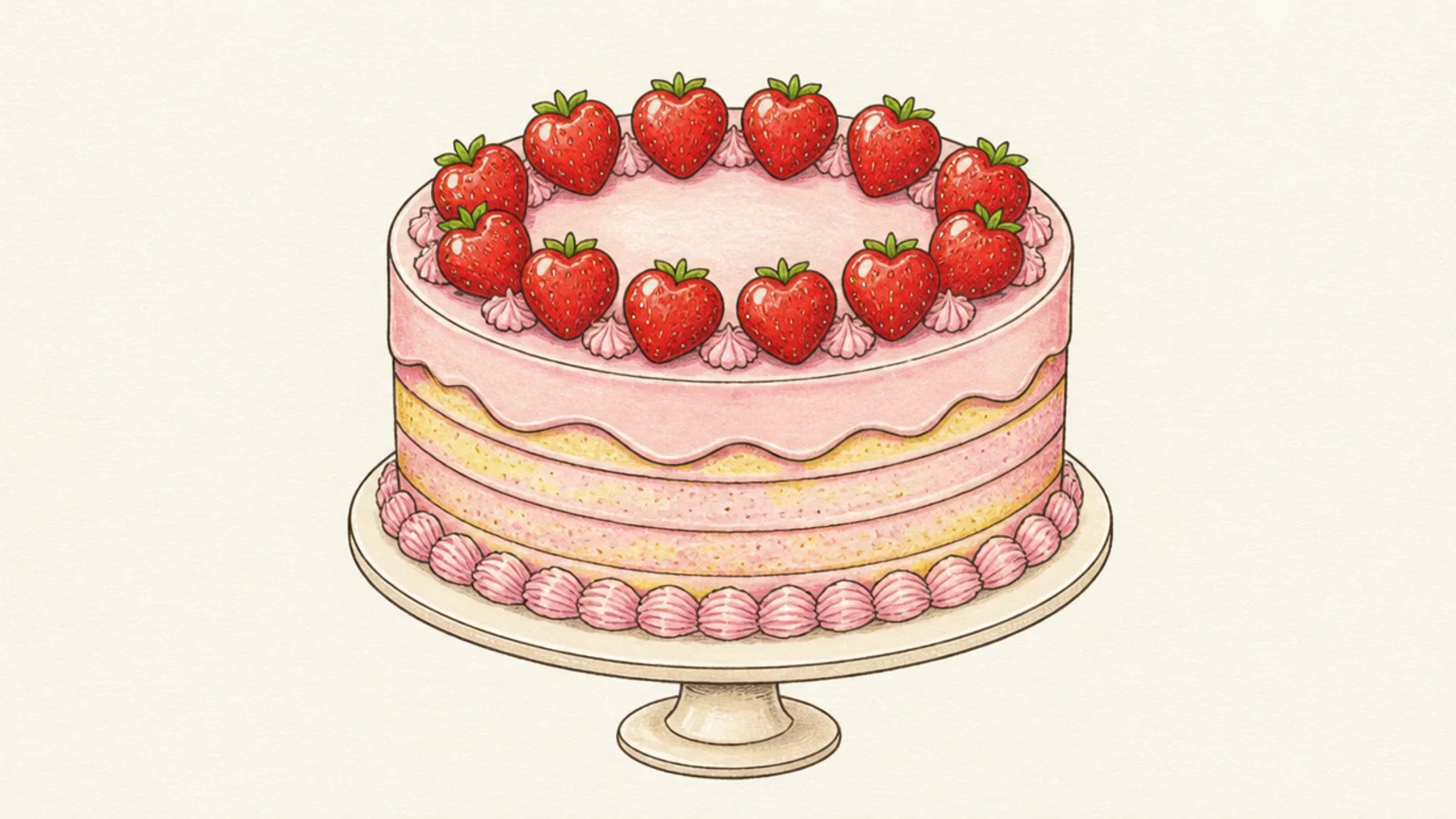 A whole strawberry cake displayed on a footed cake stand