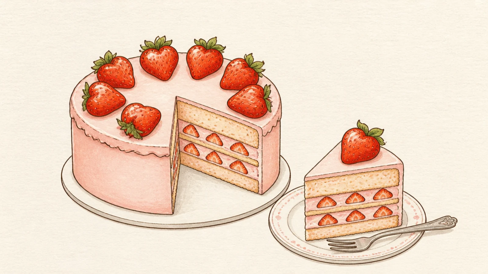 A whole strawberry cake with one wedge slice pulled out