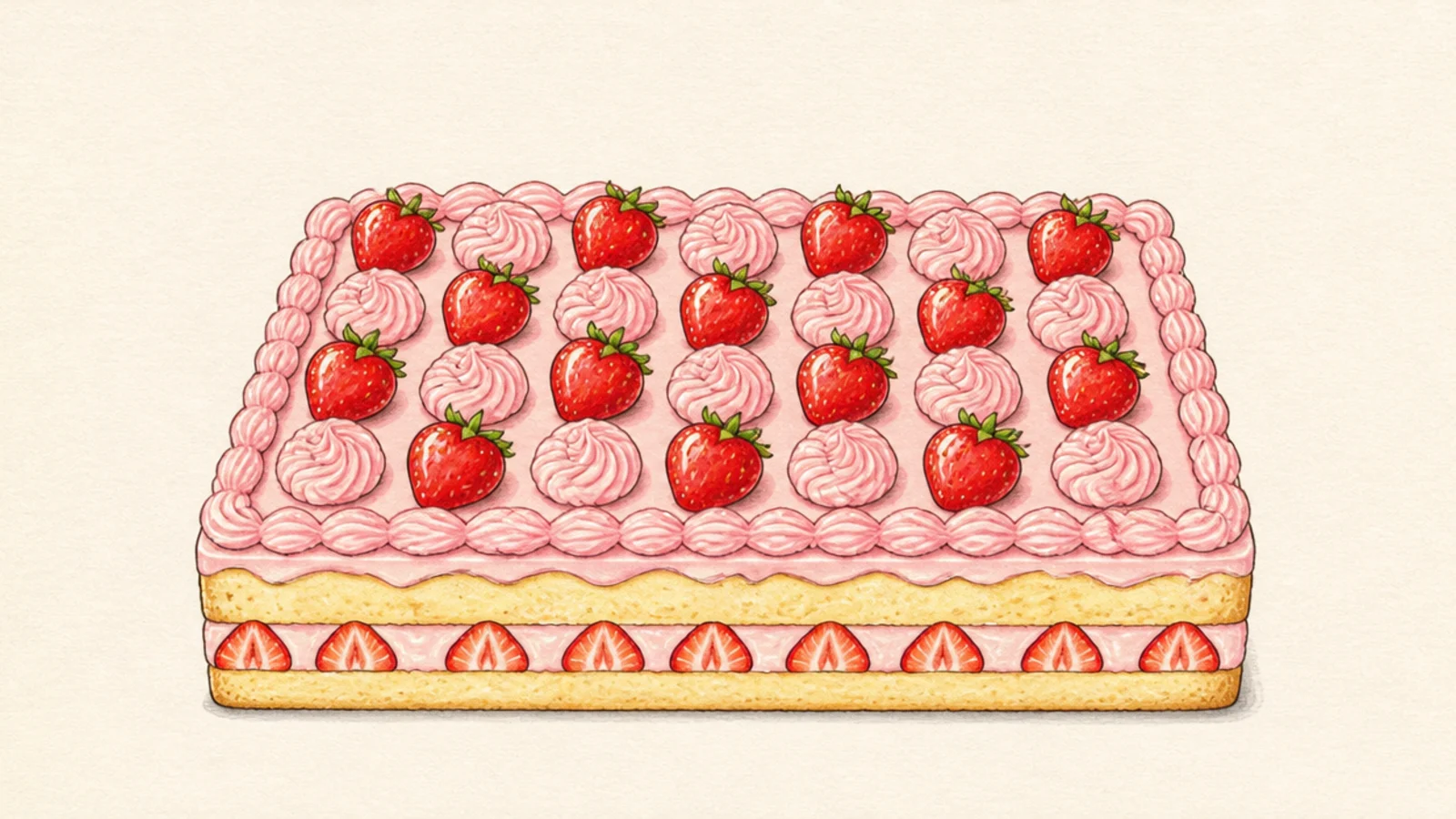 A rectangular strawberry sheet cake decorated with berries