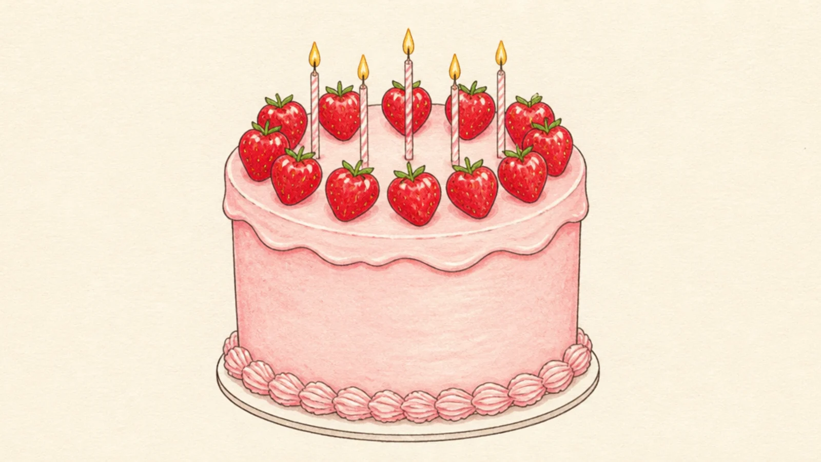 A tall strawberry cake with candles and a berry ring