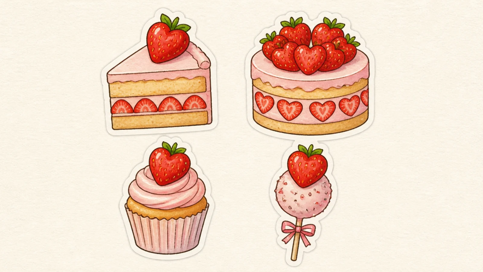 A small set of matching strawberry cake stickers