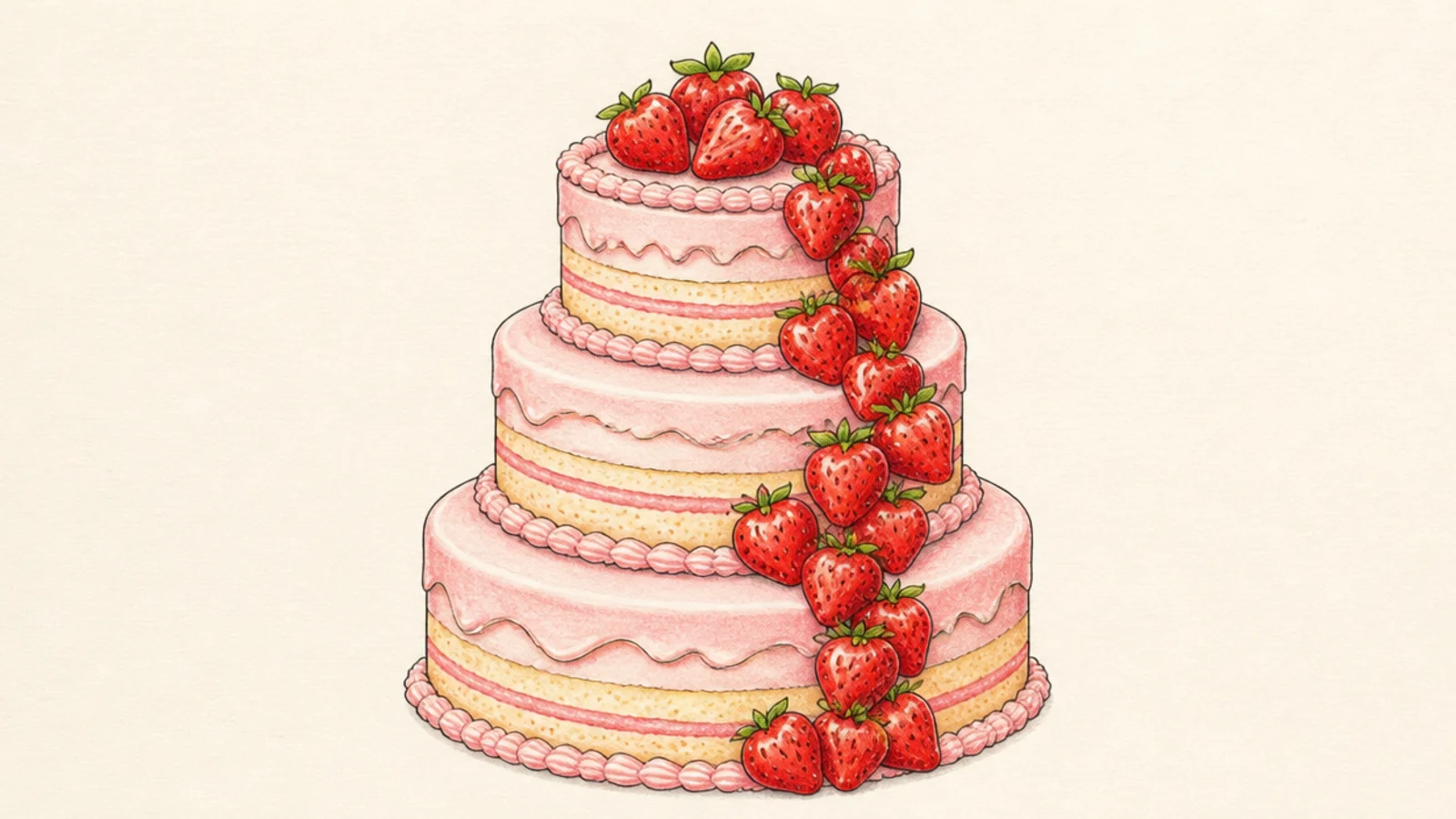 A tall three-tier strawberry celebration cake with cascading berries