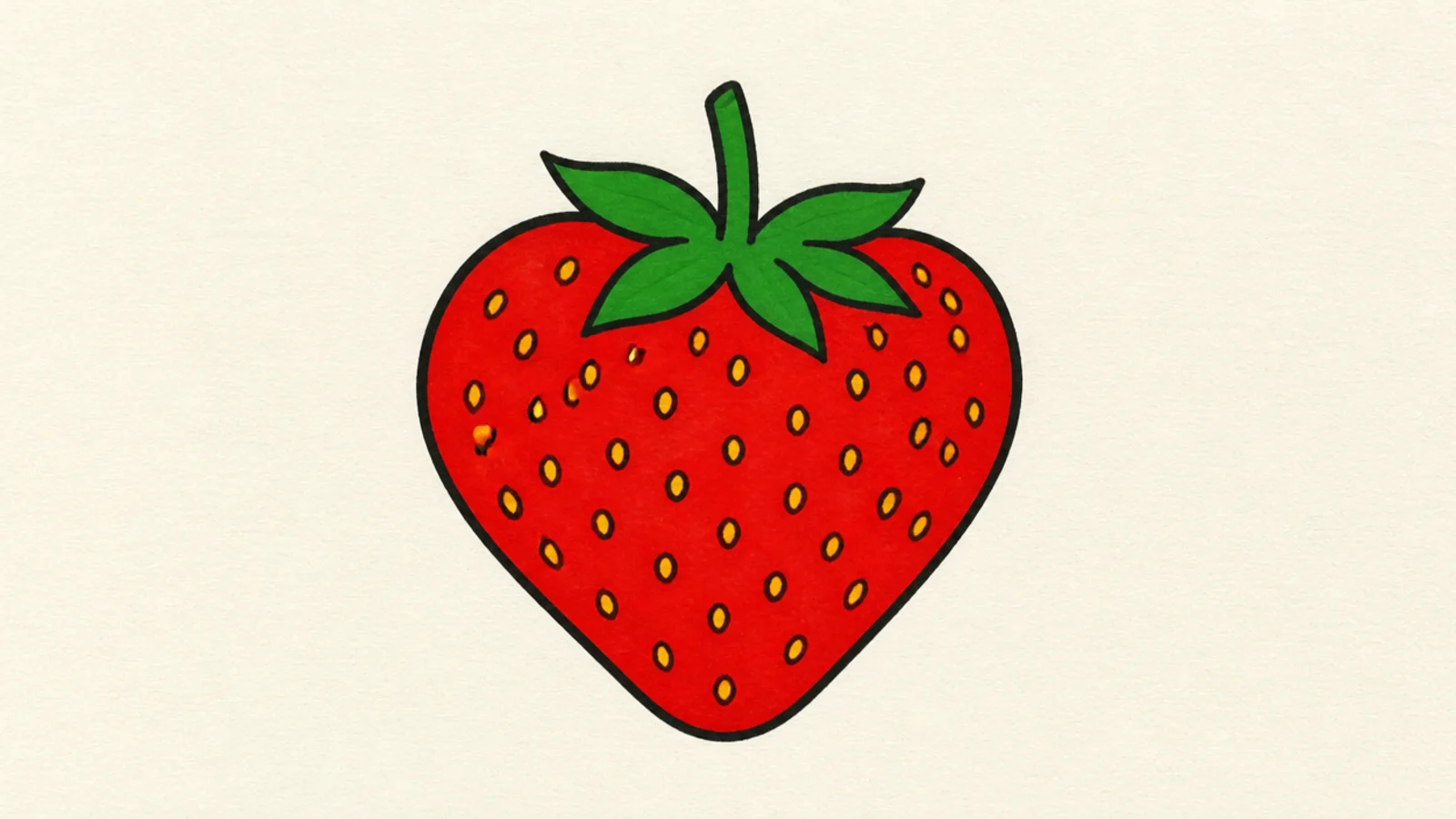 A bold cartoon strawberry with a clean outline and dot seeds
