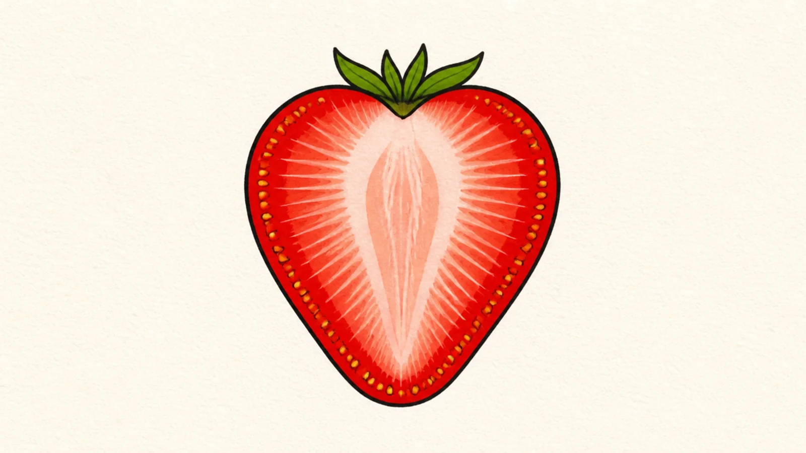 A cartoon strawberry slice with a bold outline and flat pattern