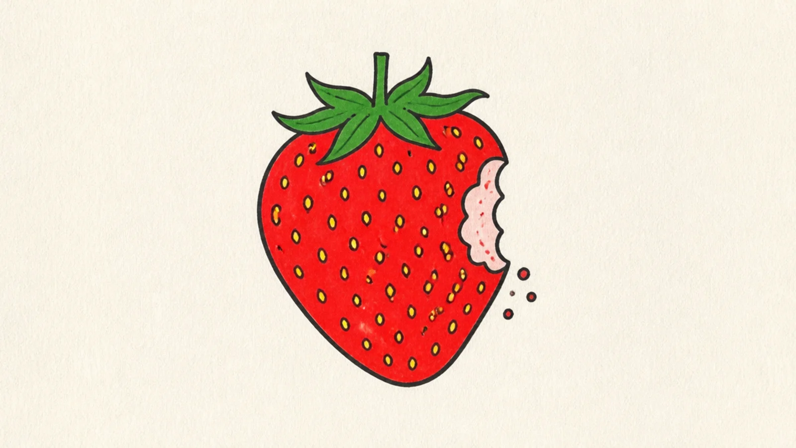 A cartoon strawberry with a bite taken out