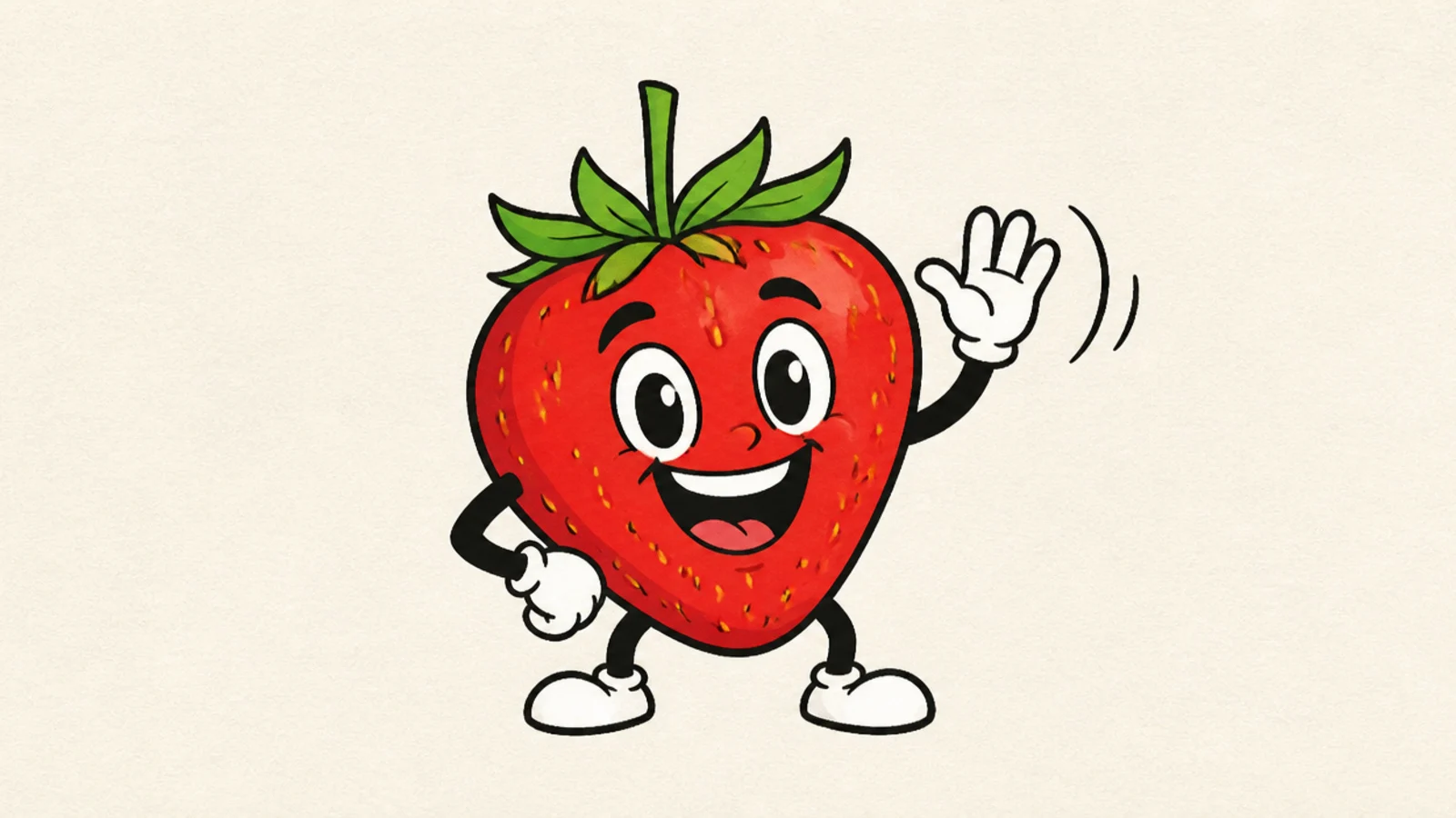 A cheerful cartoon strawberry mascot waving