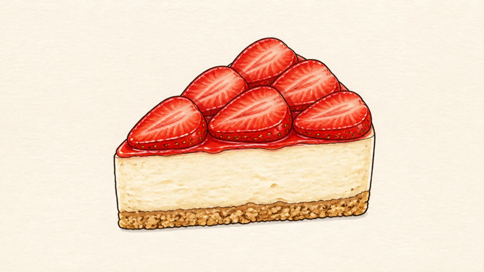 A side view slice of strawberry cheesecake with crust, cream, and berries