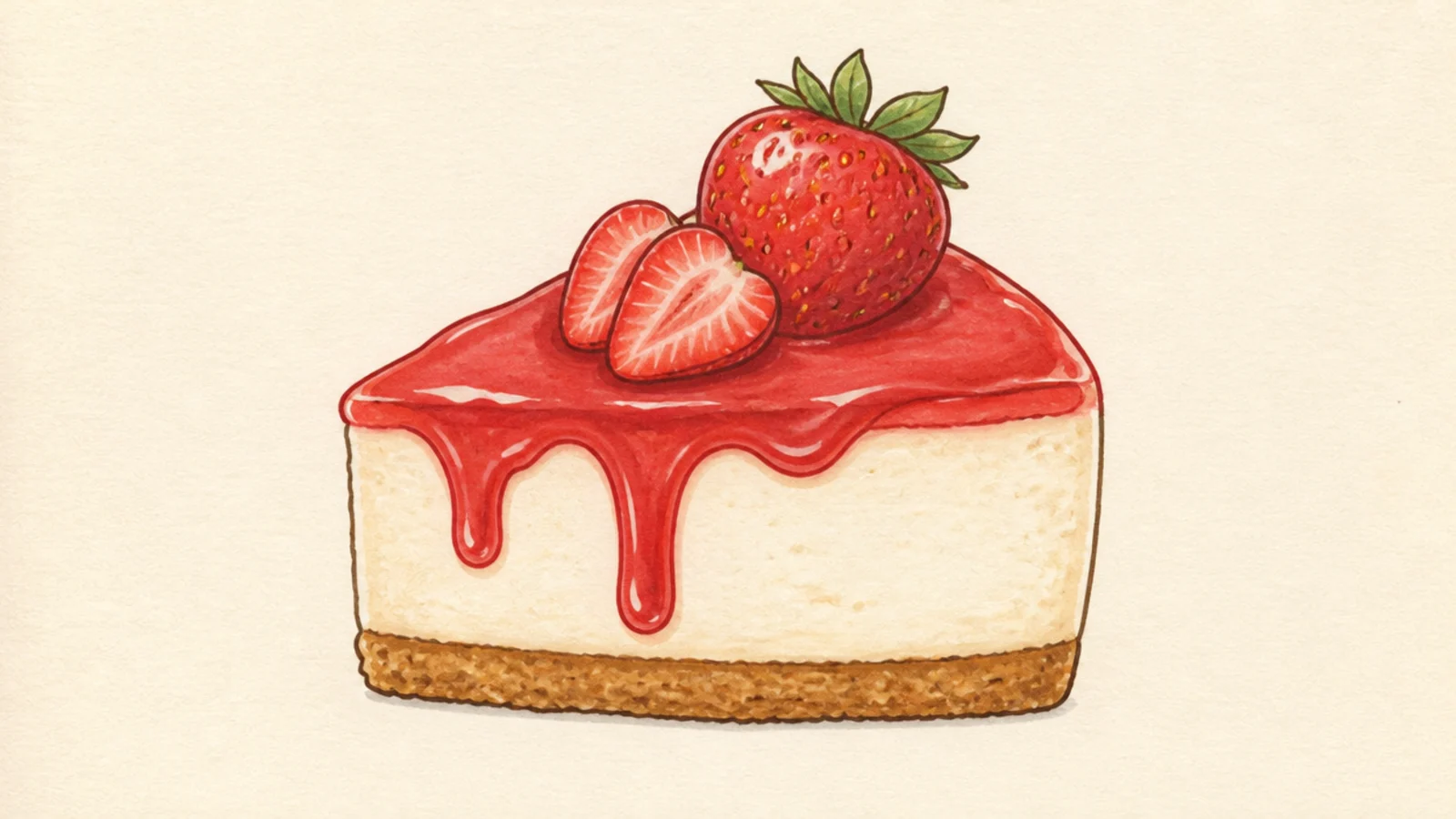 A cheesecake slice with a shiny red strawberry glaze dripping down