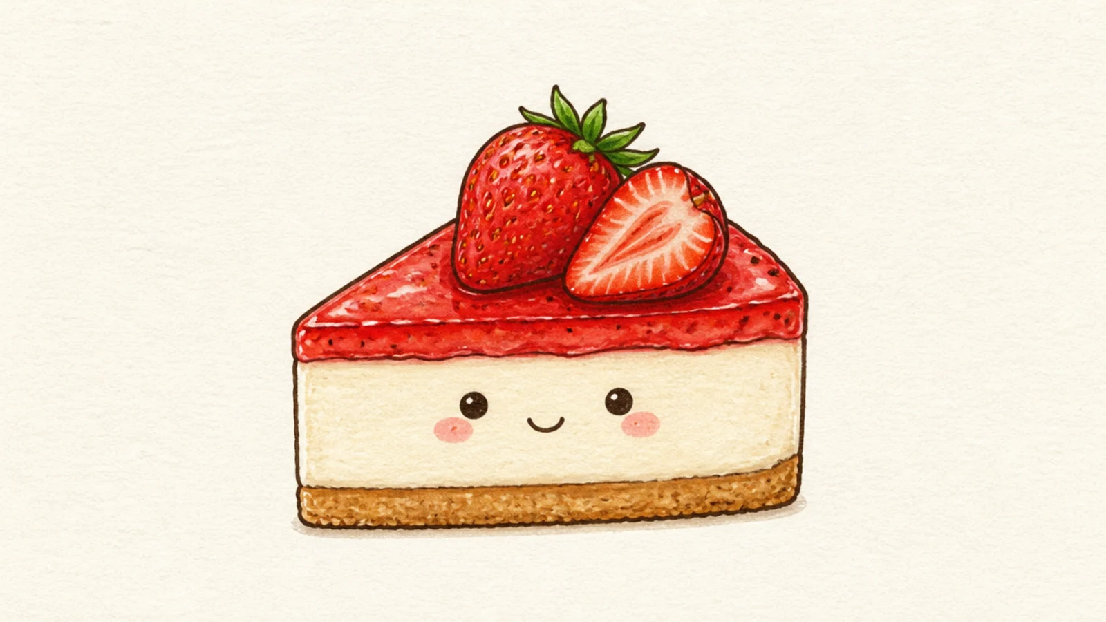A cute strawberry cheesecake slice with dot eyes and a smile