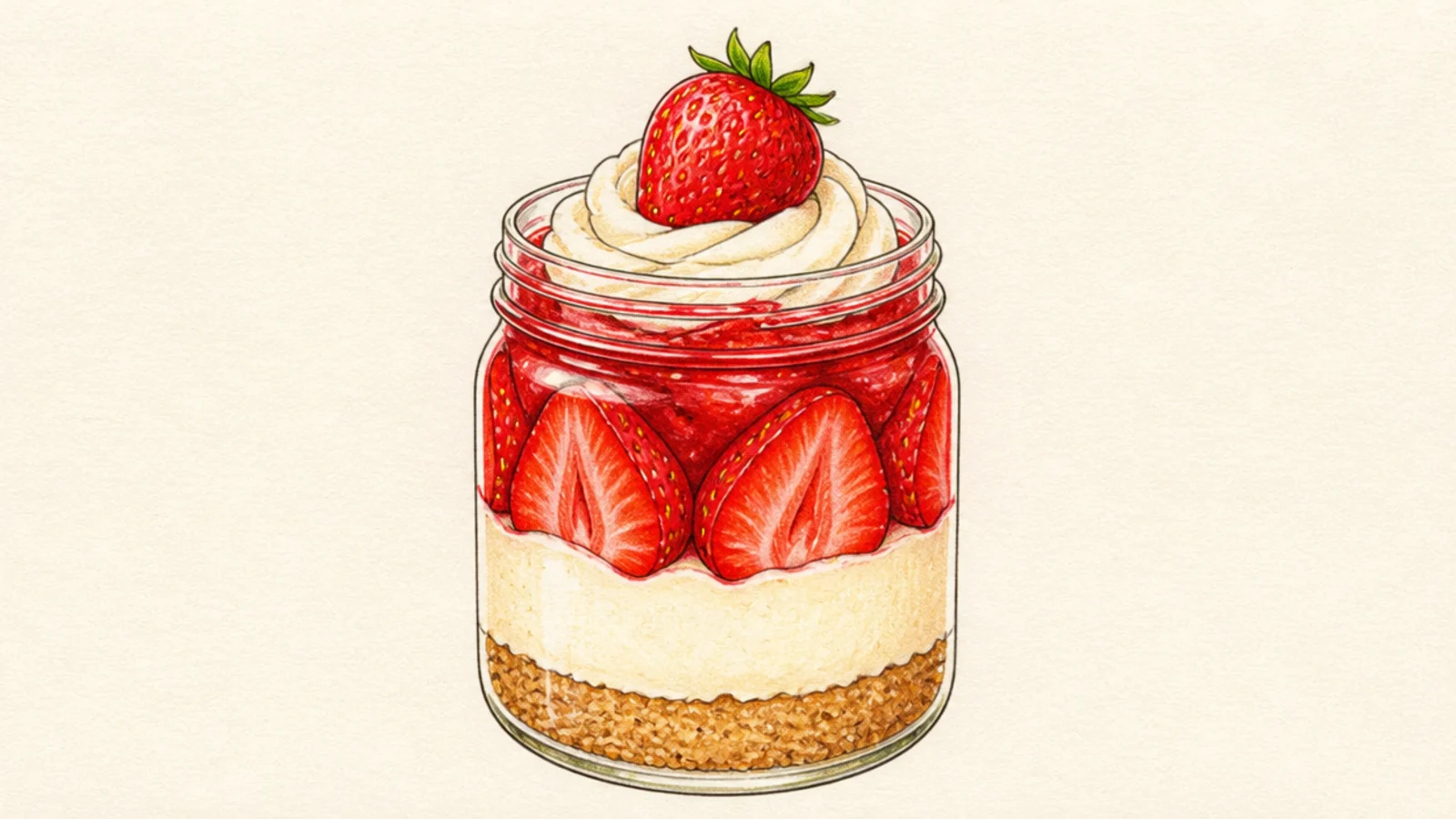 A mason jar layered with crust crumbs, cream, and strawberries