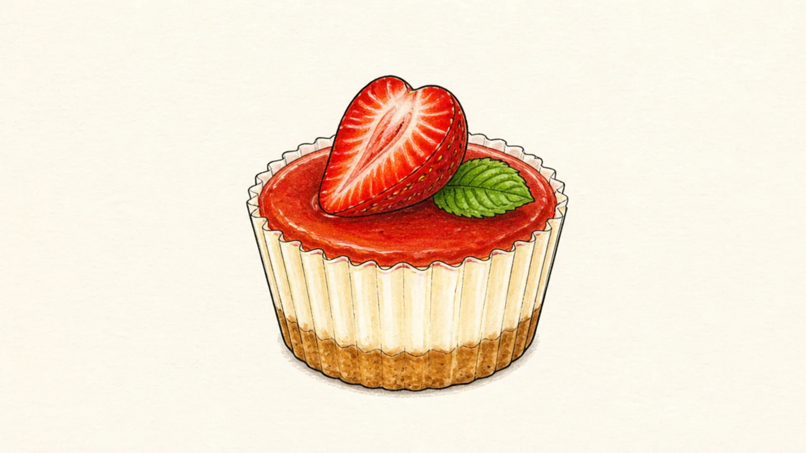 A small round mini cheesecake topped with one strawberry