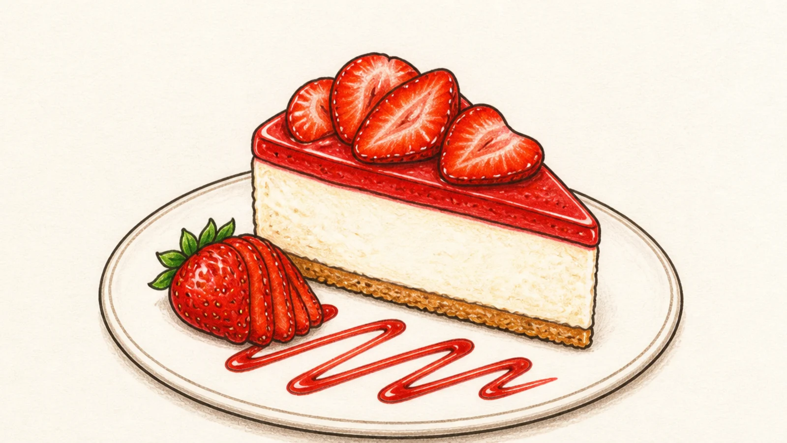 A cheesecake slice on a plate with strawberry sauce drizzled around