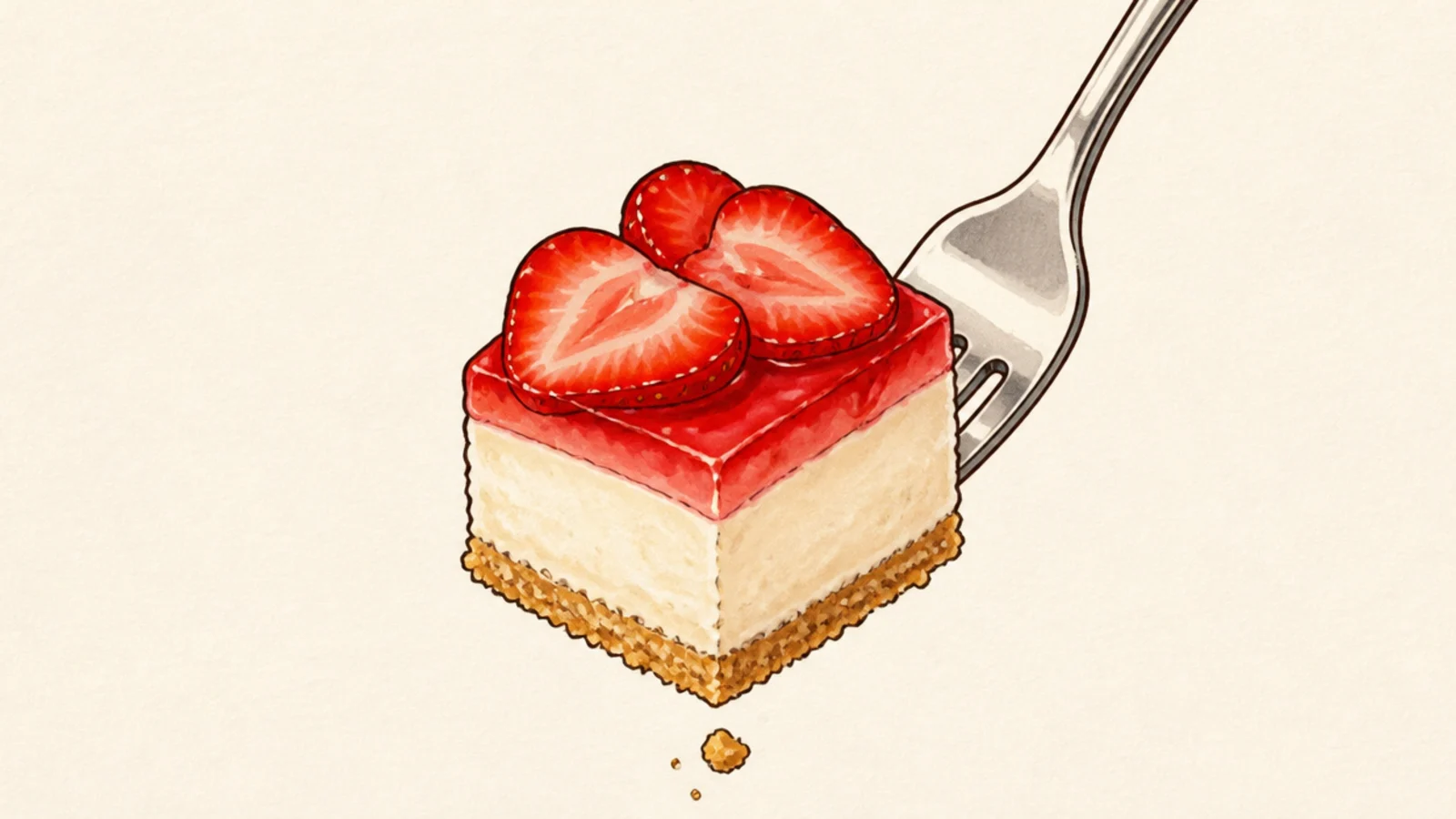 A forkful of strawberry cheesecake lifted from a slice