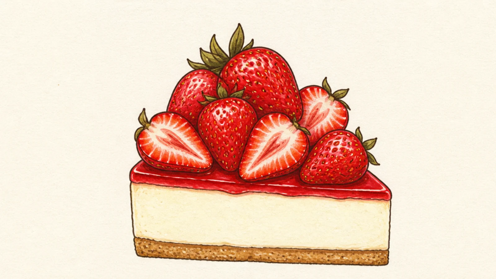 A cheesecake slice piled high with whole and halved strawberries