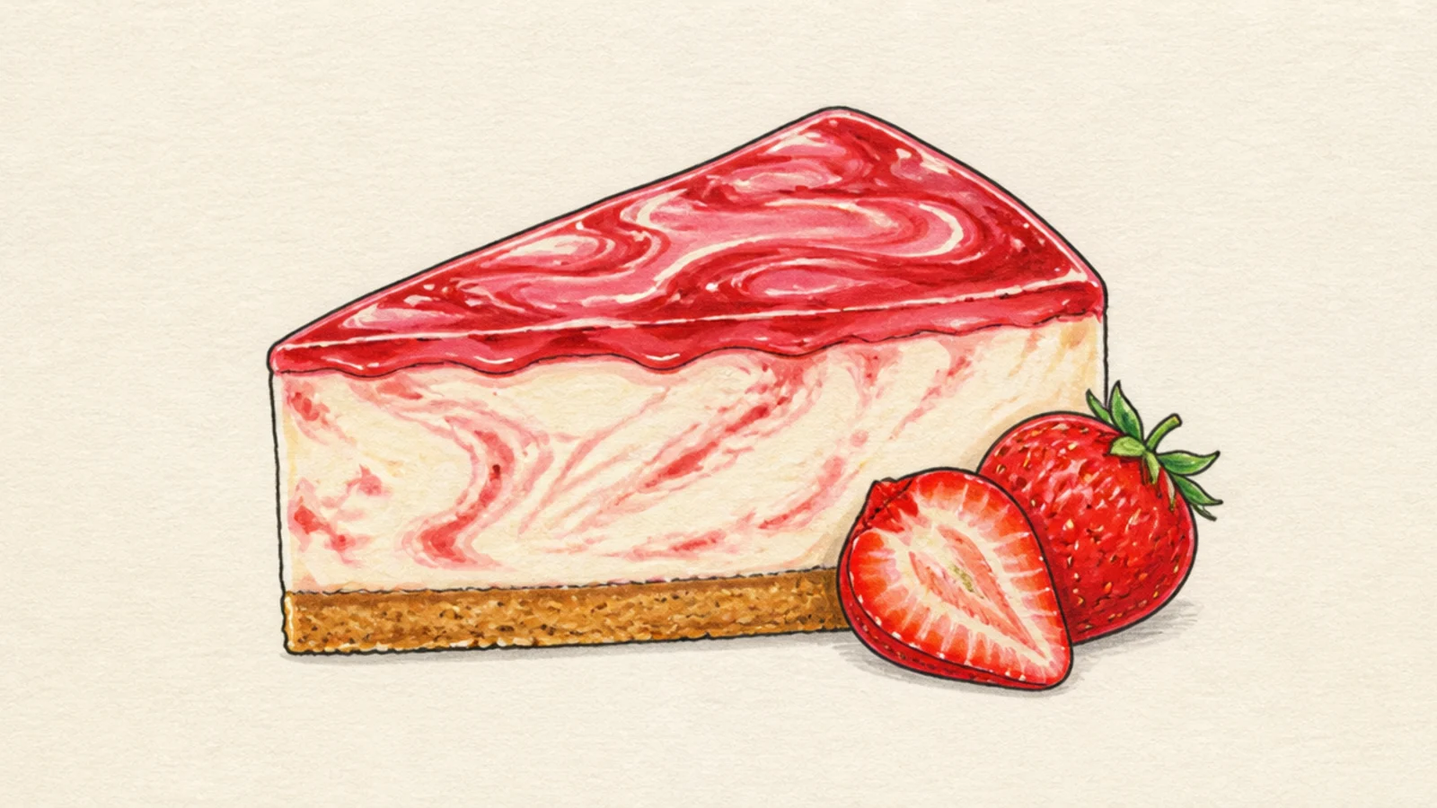 A cheesecake slice with a pink strawberry swirl marbled into the top