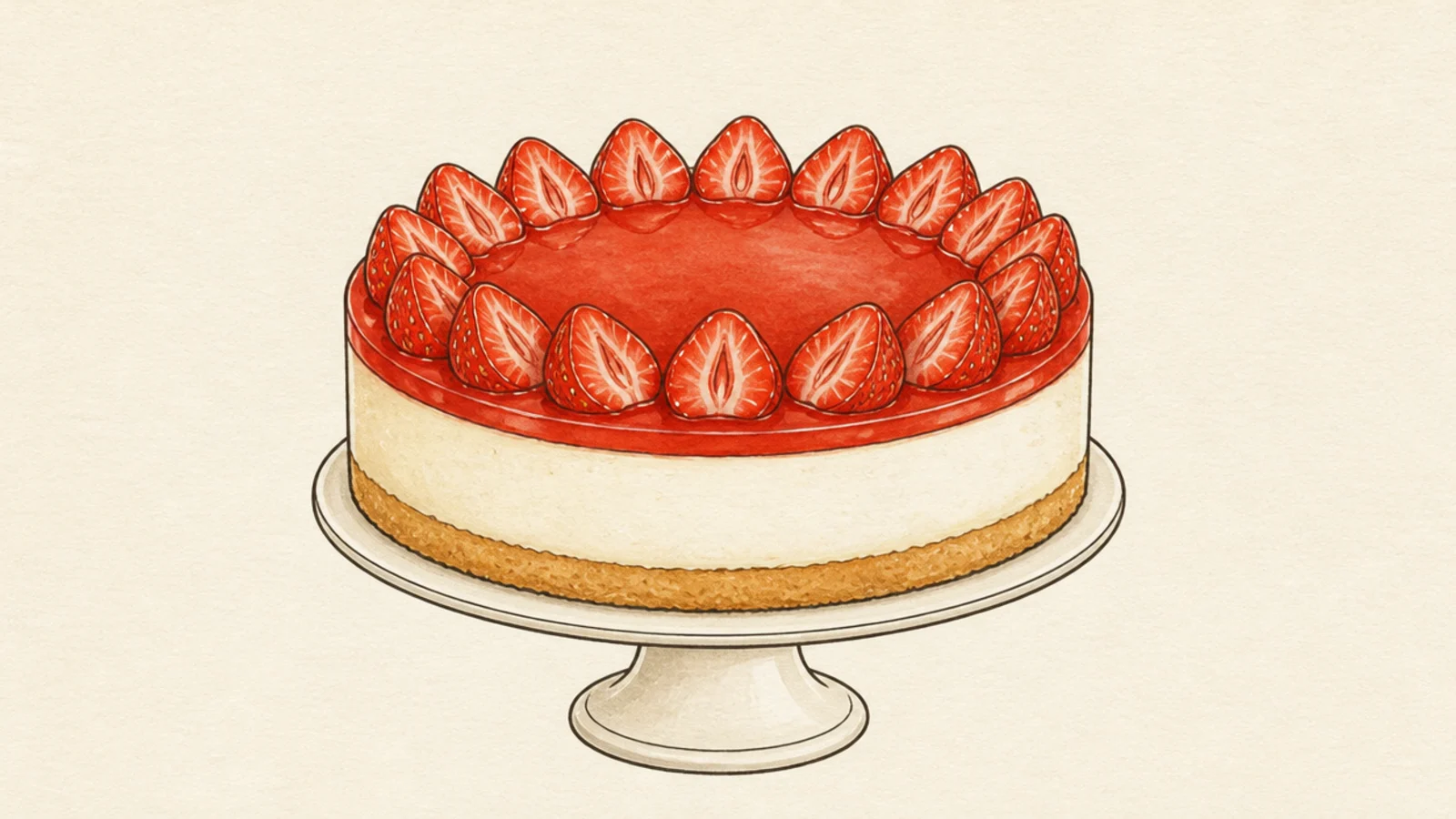 A whole strawberry cheesecake displayed on a footed cake stand