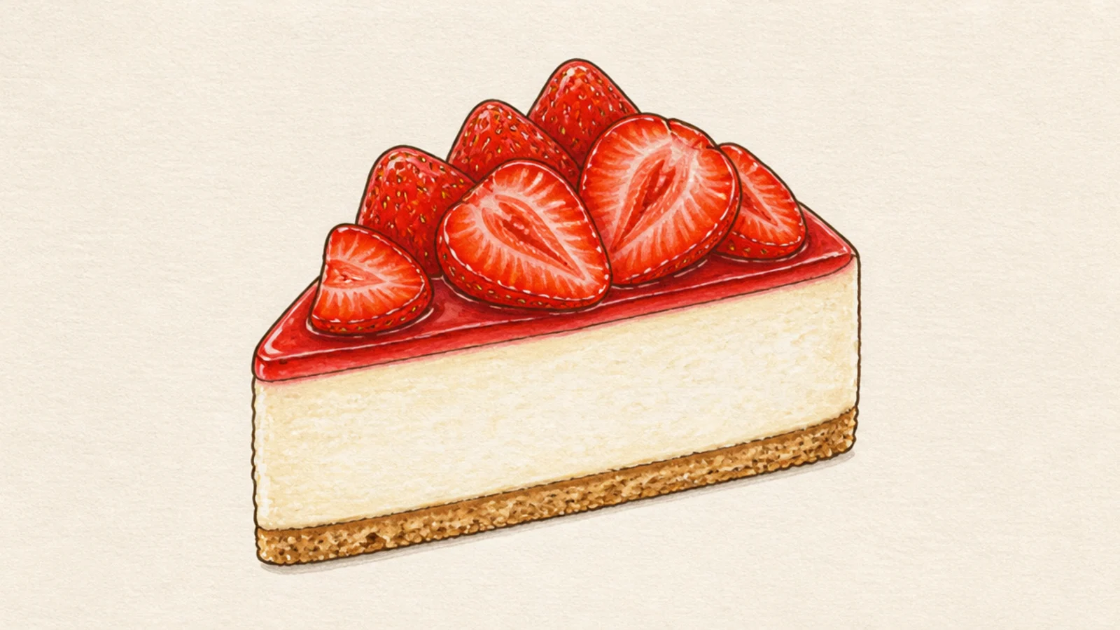A strawberry cheesecake slice drawn at a three-quarter angle