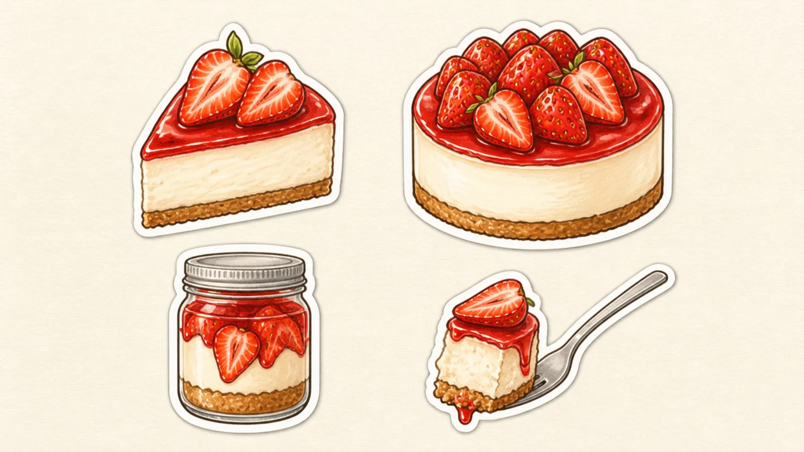 A small set of matching strawberry cheesecake stickers