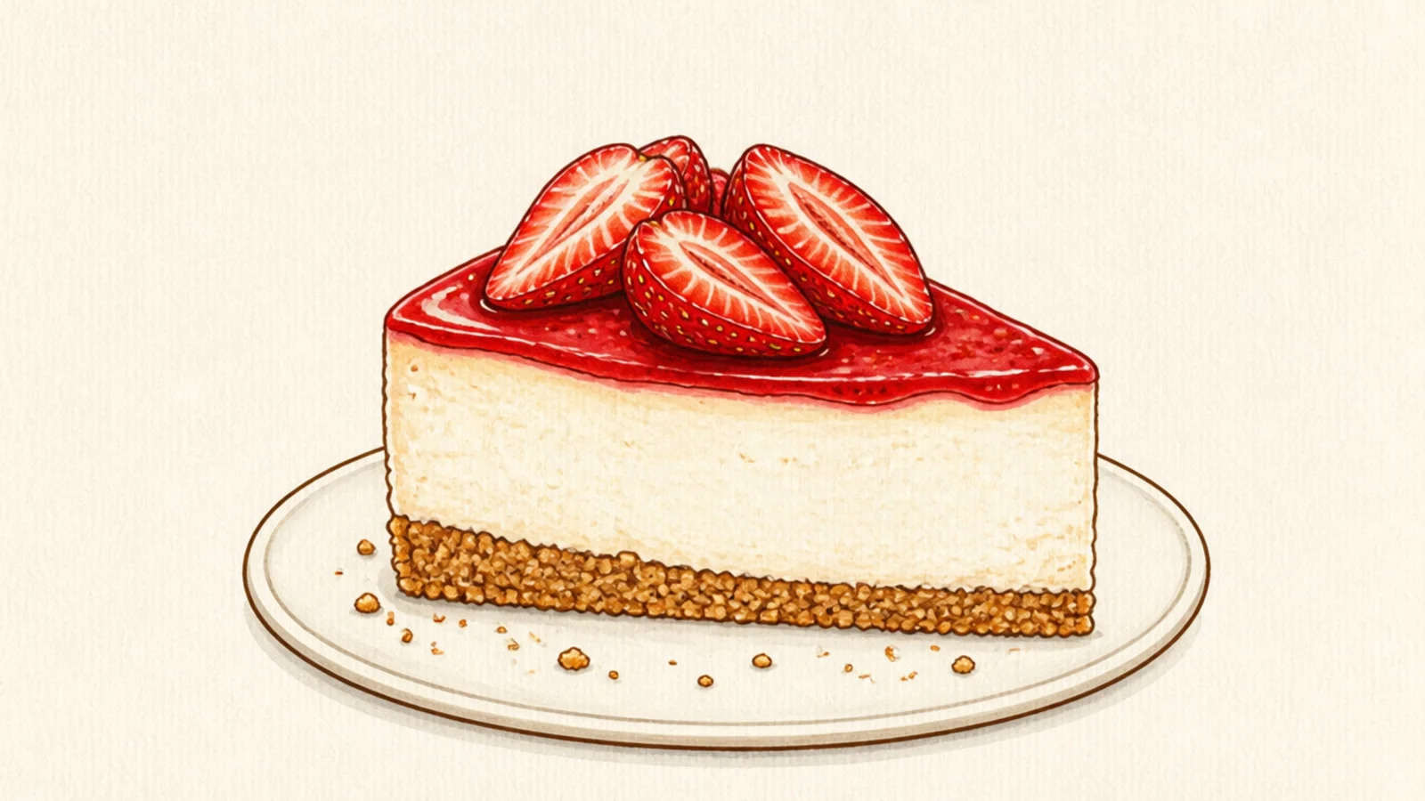 A cheesecake slice with a detailed graham crumb crust and scattered crumbs