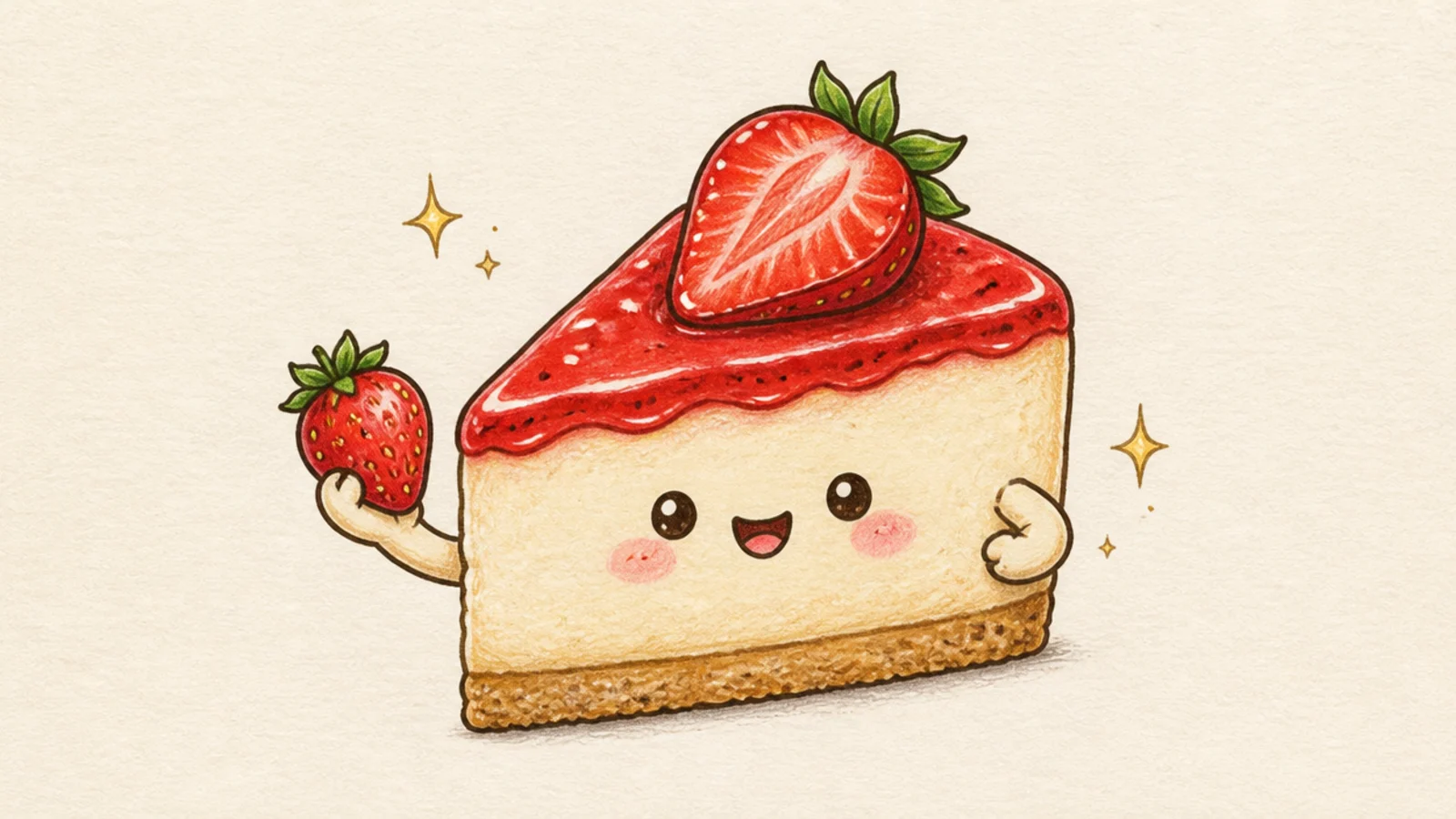 A cute cheesecake slice mascot with arms holding a strawberry