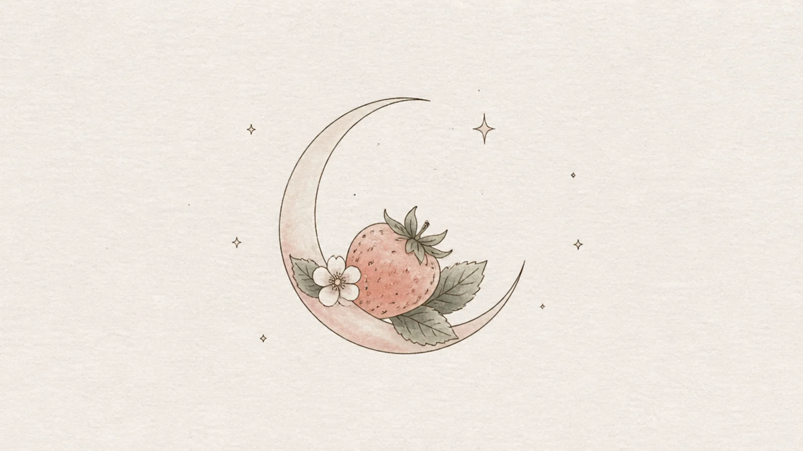 A crescent moon paired with a small strawberry and stars