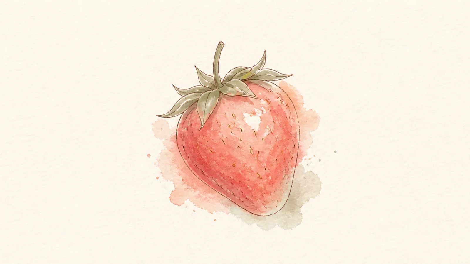 A strawberry with soft watercolor color bleeding past the lines