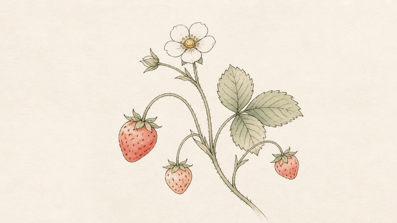 A slender branch with strawberries, leaves, and a blossom