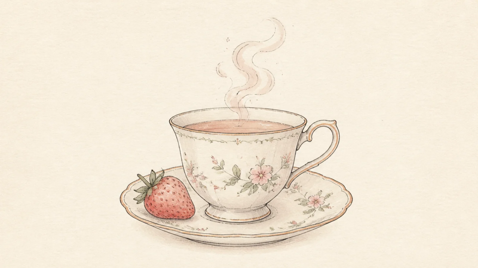 A dainty teacup with a strawberry and soft steam