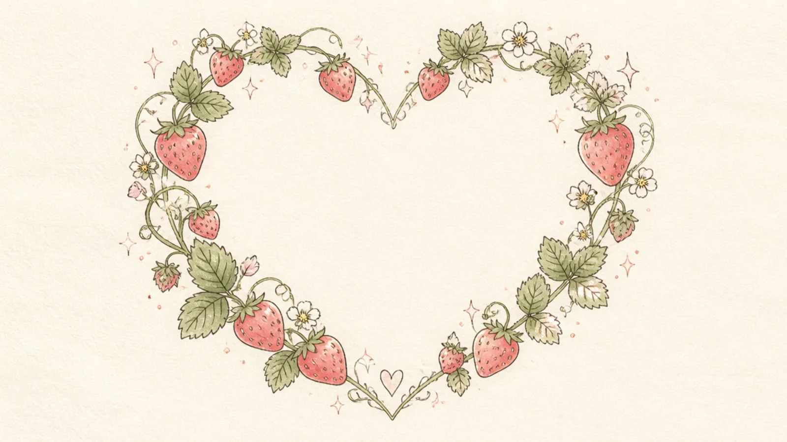 A heart-shaped frame made of small strawberries and leaves