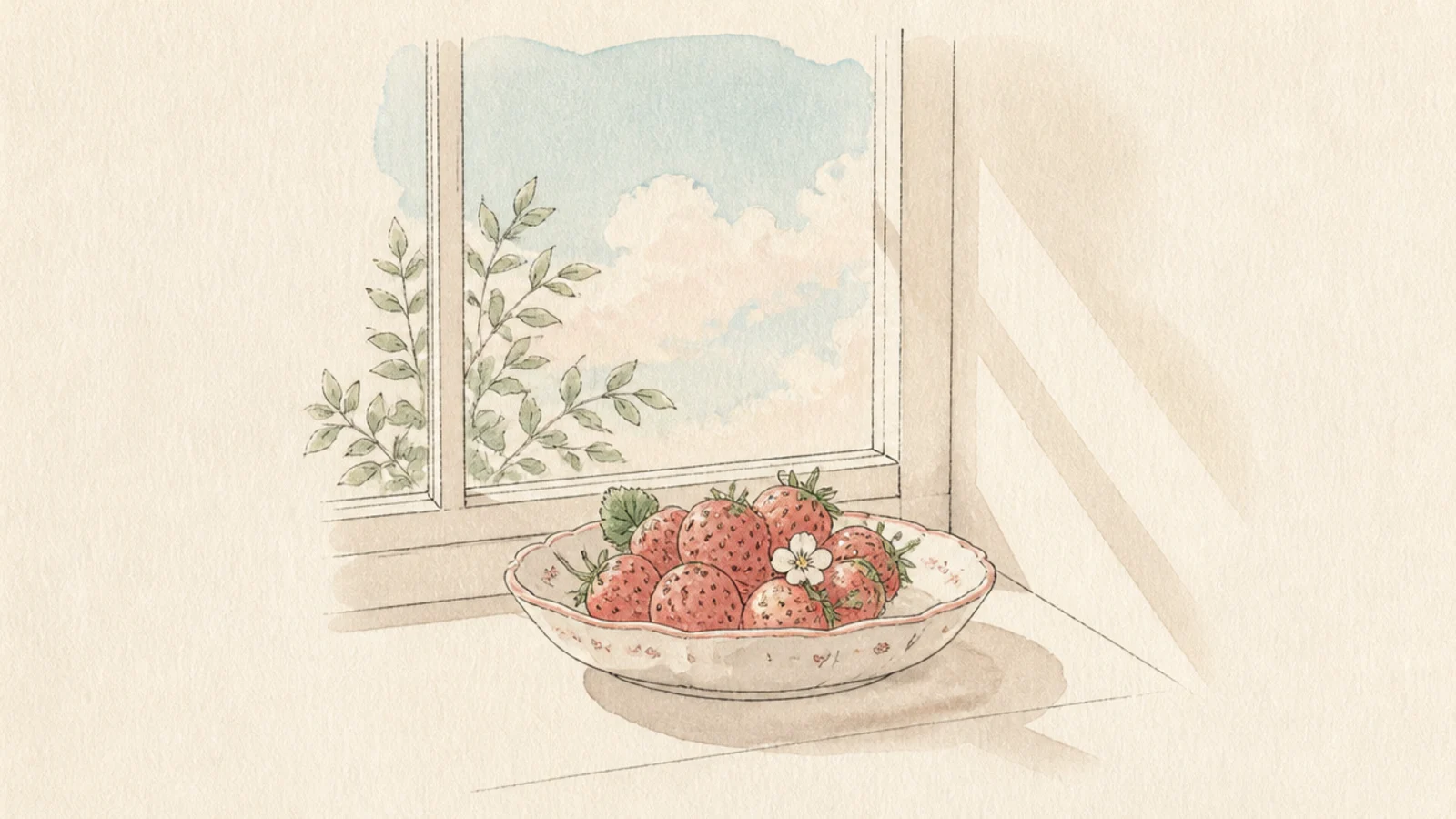 A soft scene of strawberries on a sunny windowsill